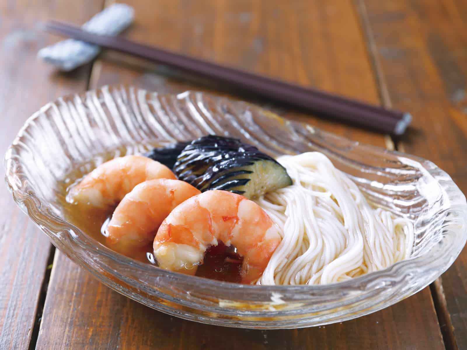 えびだしなすの煮浸しそうめん添え