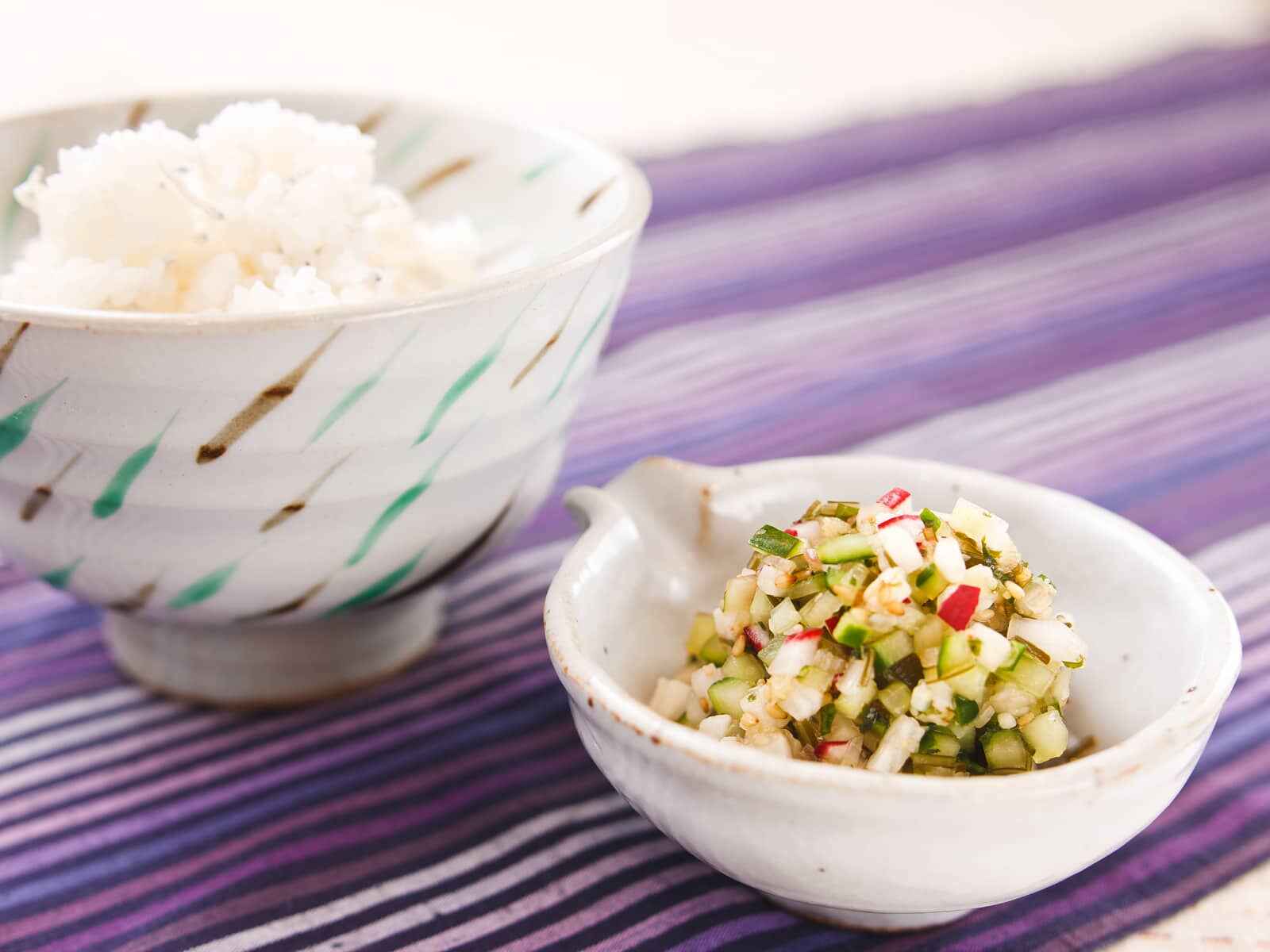 じゃこご飯と夏味野菜のだし添え